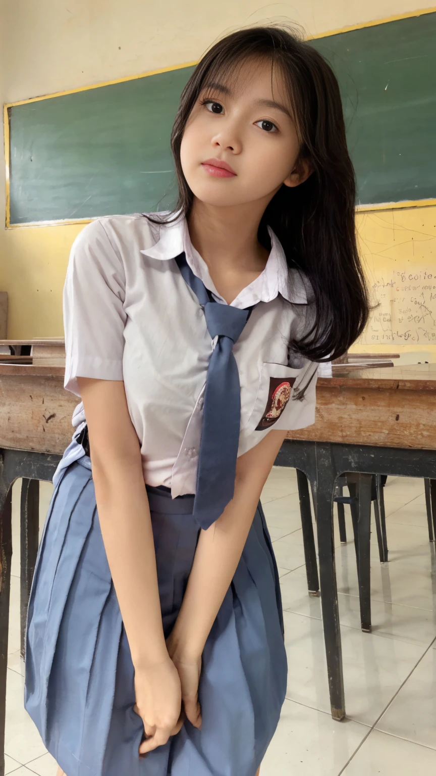 RAW, Best quality, high resolution, masterpiece: 1.3), Beautiful girl, seductive pose, showing breast, open legs showing vagina, sensual body, on a top of table of class room, ((senior high school clothes)), orgasm, highres, 4k, HDR, 1girl, photorealistic, realistic, small breasts, ((whole body)) turning away facial at viewer, closeup, class-room, misty,