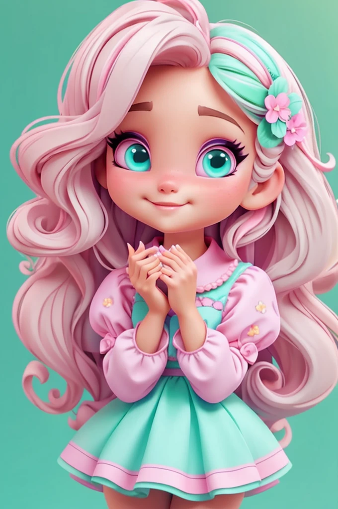 imagem de alta qualidade de uma boneca chibi Ariana Grande: boneca chibi ,illustration,detalhes delicados,Pose encantadora,lovely expression,cores suaves,roupa bonita,cabelos intrincados,beautiful eyes and lips,melhor qualidade,ultra-detalhado,fotorrealista,vivid colors, solid background, profesional lighting, girly accessories, espressiva, headband flowers, blue eyes, ombre hair, long hair, basket of flowers in hands, lovely pose, black eyes, wearing a fairy outfit pastel colors glitter, mint green, pink, and soft purple, exuberant, perfect, centered in the photo with a white background, nitid, fairy vibes, standing, pink flat shoes, vibrant, white background, blonde hair, blonde hair, hair blonde
