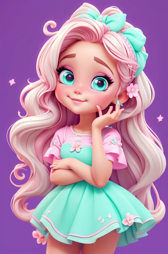 imagem de alta qualidade de uma boneca chibi Ariana Grande: boneca chibi ,illustration,detalhes delicados,Pose encantadora,lovely expression,cores suaves,roupa bonita,cabelos intrincados,beautiful eyes and lips,melhor qualidade,ultra-detalhado,fotorrealista,vivid colors, solid background, profesional lighting, girly accessories, espressiva, headband flowers, blue eyes, ombre hair, long hair, basket of flowers in hands, lovely pose, black eyes, wearing a fairy outfit pastel colors glitter, mint green, pink, and soft purple, exuberant, perfect, centered in the photo with a white background, nitid, fairy vibes, standing, pink flat shoes, vibrant, white background, blonde hair, blonde hair, hair blonde