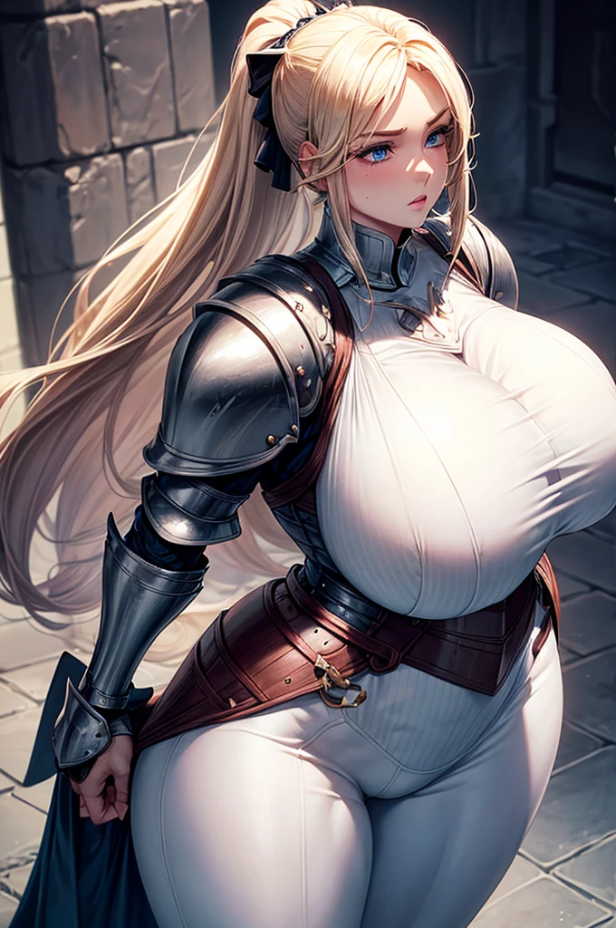 tight waist,hourglass figure, muscular thick thighs, thicc, perfect body, super wide hips, childbearing hips, (cowboy shot: 1.3), (huge butt: 1.2), bubble butt, beautiful face, detailed, ((gigantomastia)), (((gigantic breasts))), (Ultra Quality, Masterpiece, Ethereal:1.4), (muscular: 1.2), toned abs, Has a supernaturally beautiful face, gigantic cleavage breasts, (Perfect anatomy), Heavy breasts, Fitness buttocks, long blonde hair, blue eyes, pale skin, plump lips, fantasy setting, ((full plate armor)), ponytail hair style, (fully clothed: 1.8), (heavy armor), (knight)