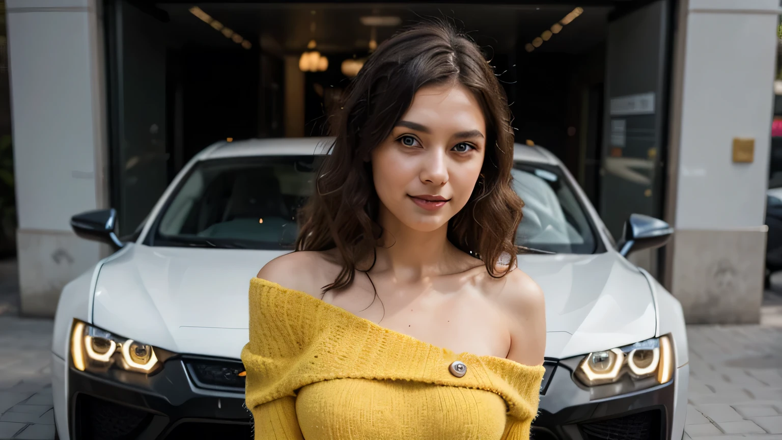 Ukrainian girl, 30 years old. solo. Tall figure, beautiful face, dark eyes, plump lips, radiant smile, curly black hair. smooth white skin. wearing a tight red dress. standing and posing in front of a yellow lambogini supercar. Realistic images, clear details, realistic and vivid color combinations.
((best quality)), ((masterpiece)), (detail), 1girl, off-the-shoulder sweater,
