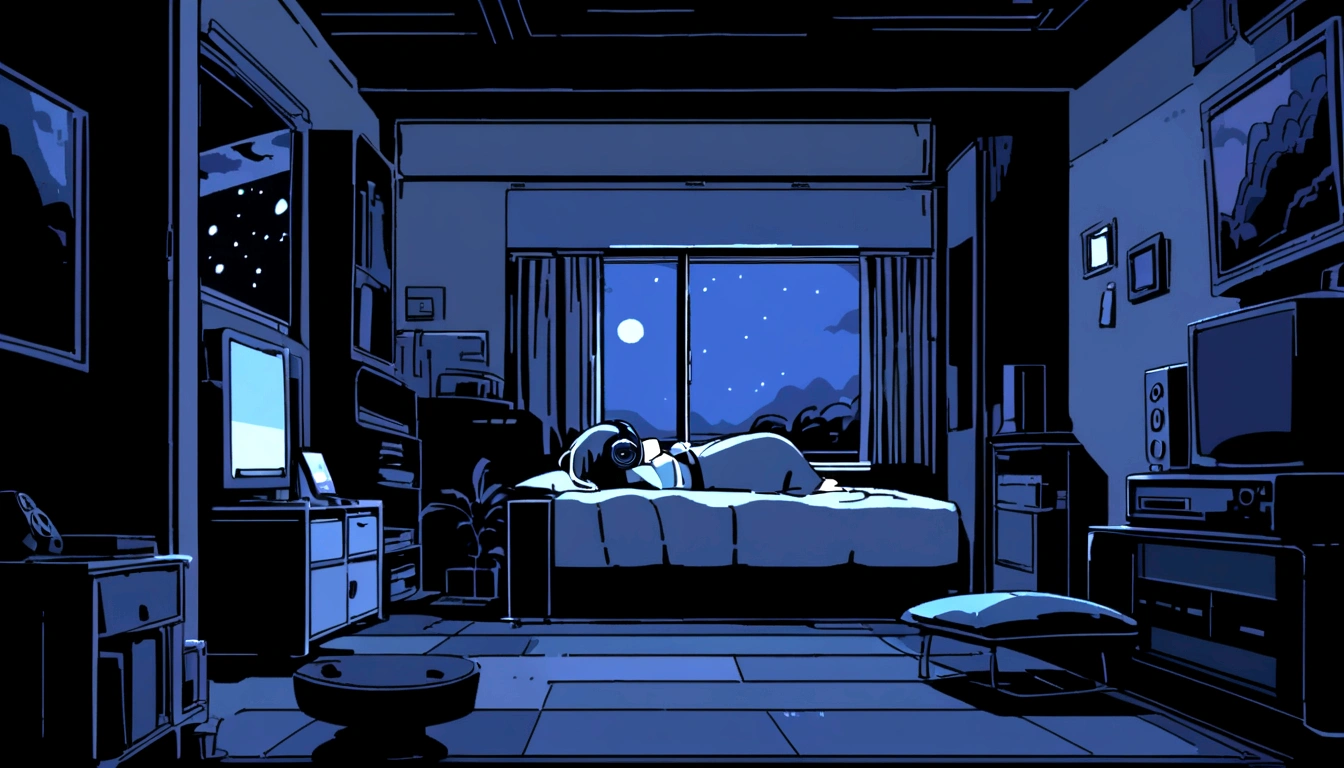 night、Girl listening to music in a cozy room, Using headphones, 2D-style animation, Lo-Fi, High resolution, Dark Environment,Makoto Deep Sea