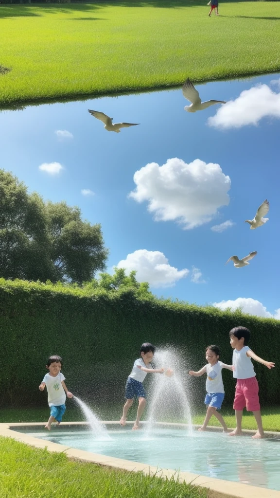 A group of children playing water fight,lawn,Blue sky and white clouds,Bird's-eye view,HD Photography,Authentic style