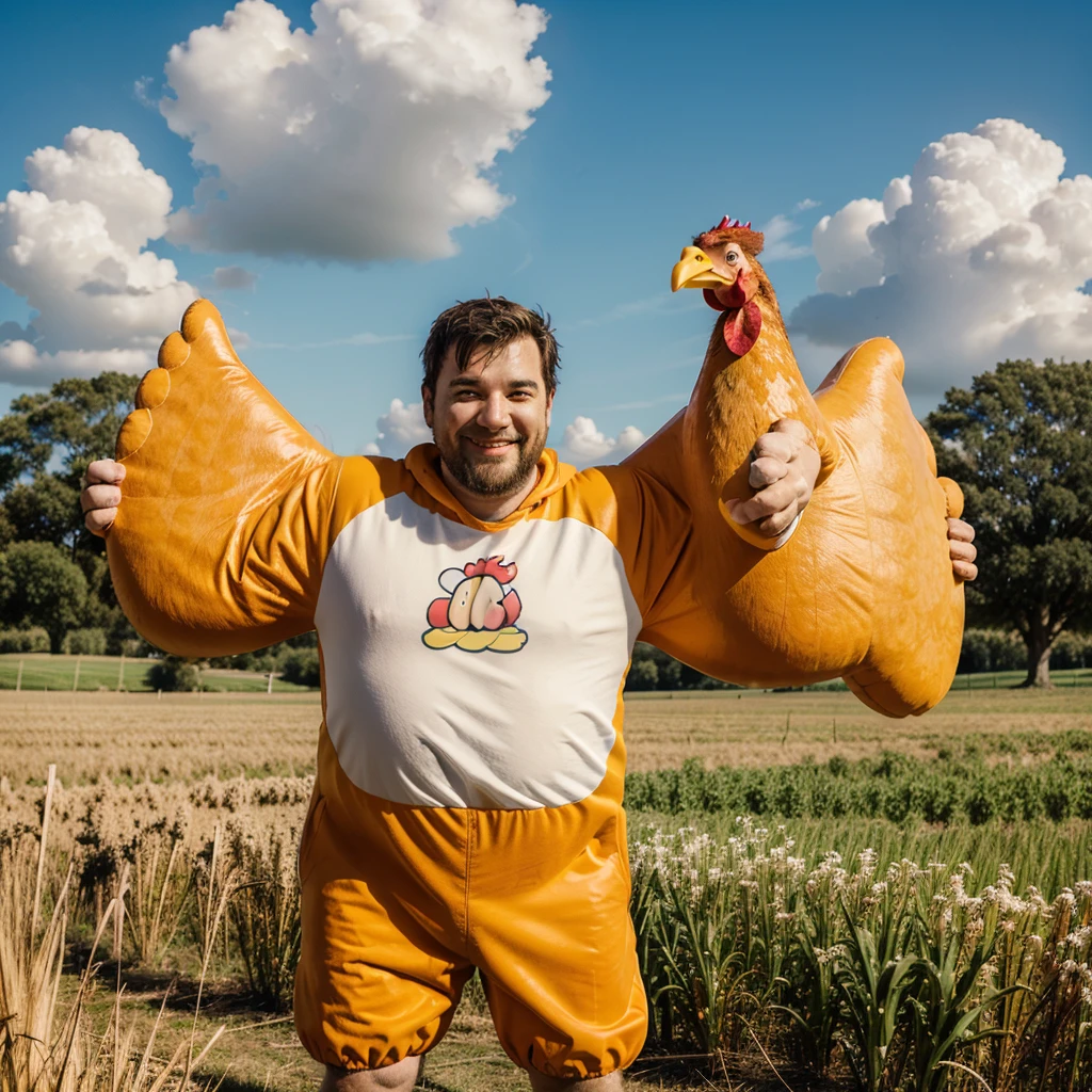 ((Best Quality)), ((Cartoon)), 1 happy man, greeting, giant chicken costume, simple background, Field, funny, vivid colors