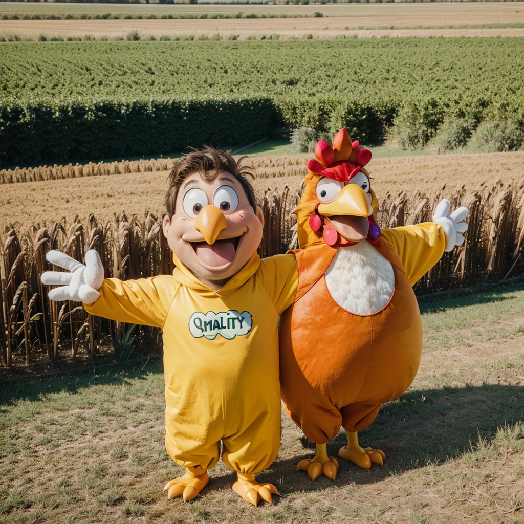 ((Best Quality)), ((Cartoon)), 1 happy man, greeting, giant chicken costume, simple background, Field, funny, vivid colors