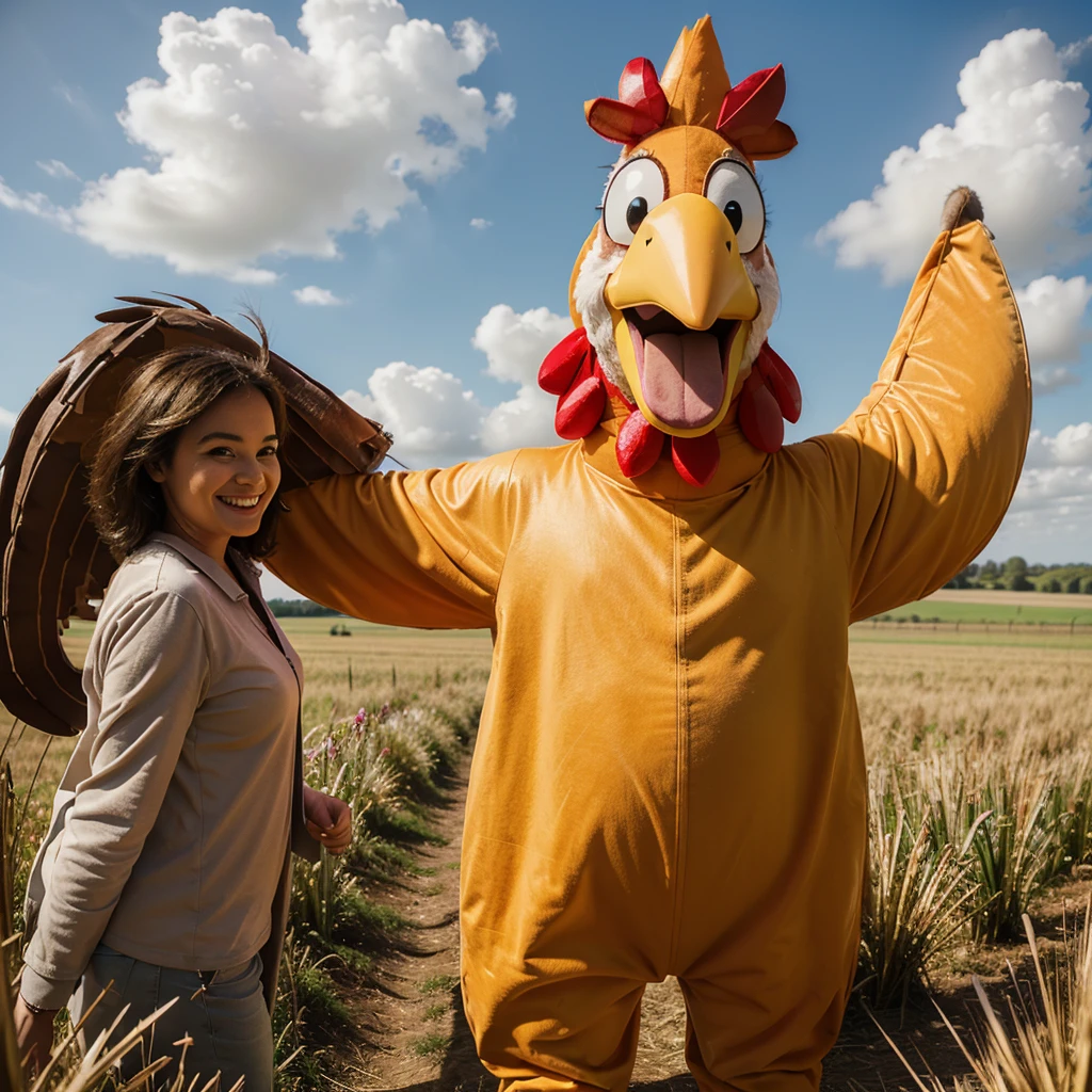 ((Best Quality)), ((Cartoon)), 1 happy man, greeting, giant chicken costume, simple background, Field, funny, vivid colors