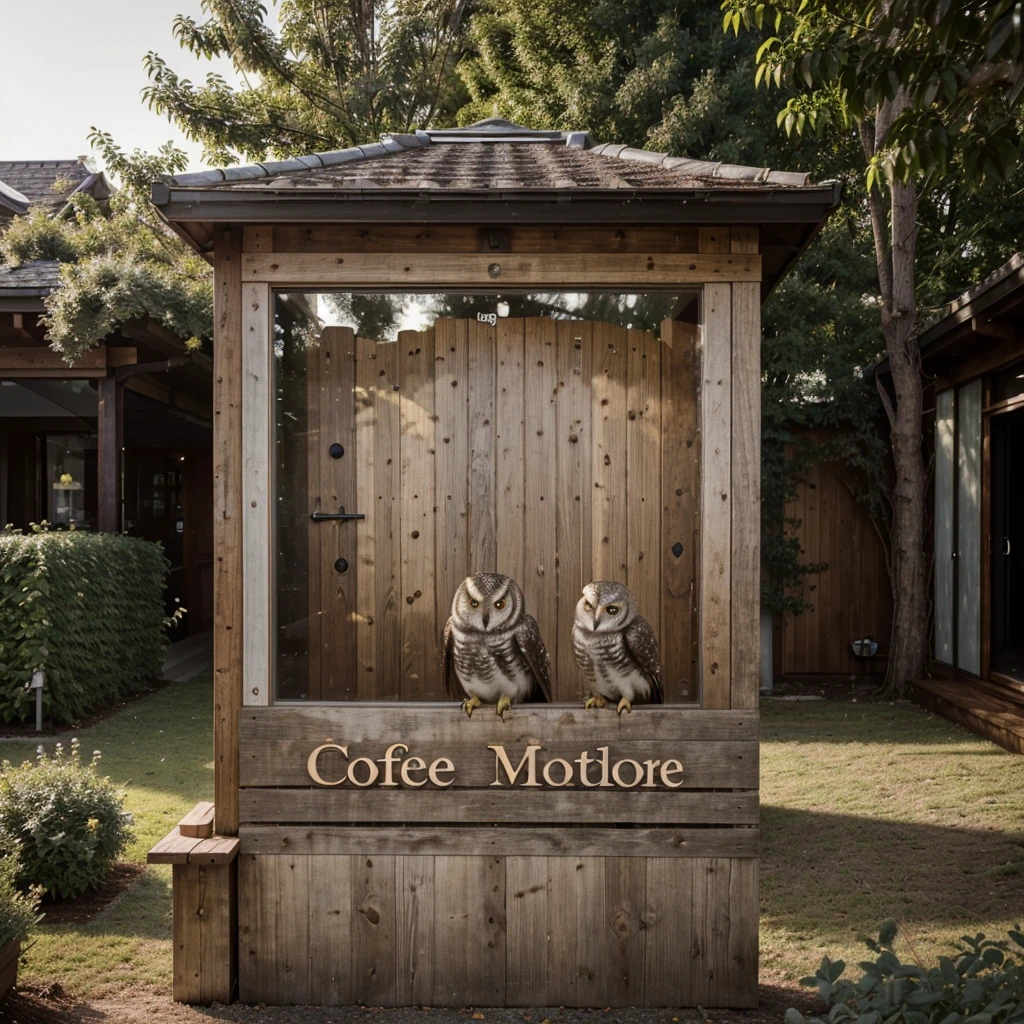 Cafe、masterpiece,High resolution,Highest quality,Natural light,exterior,A mysterious space where you can get up close and personal with owls.A design that makes extensive use of wood to create a natural feel,A modest sign featuring the silhouette of an owl,Small garden and trees々