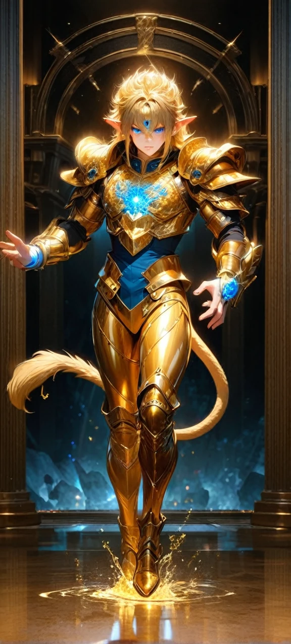 High quality, ultra realistic,absurdres, highres, ultra detailed, HDR, masterpiece, extremely detailed face and eyes, Sagitarius Seiya, Saint Saiya , Golden Armor, solo, ,man, handsome, ,white eyeleshes, blue eyes , , Golden splashing effect, Golden lightning effect,glowing glitters ,full body view, symetrical, pointy ears, lion tail,