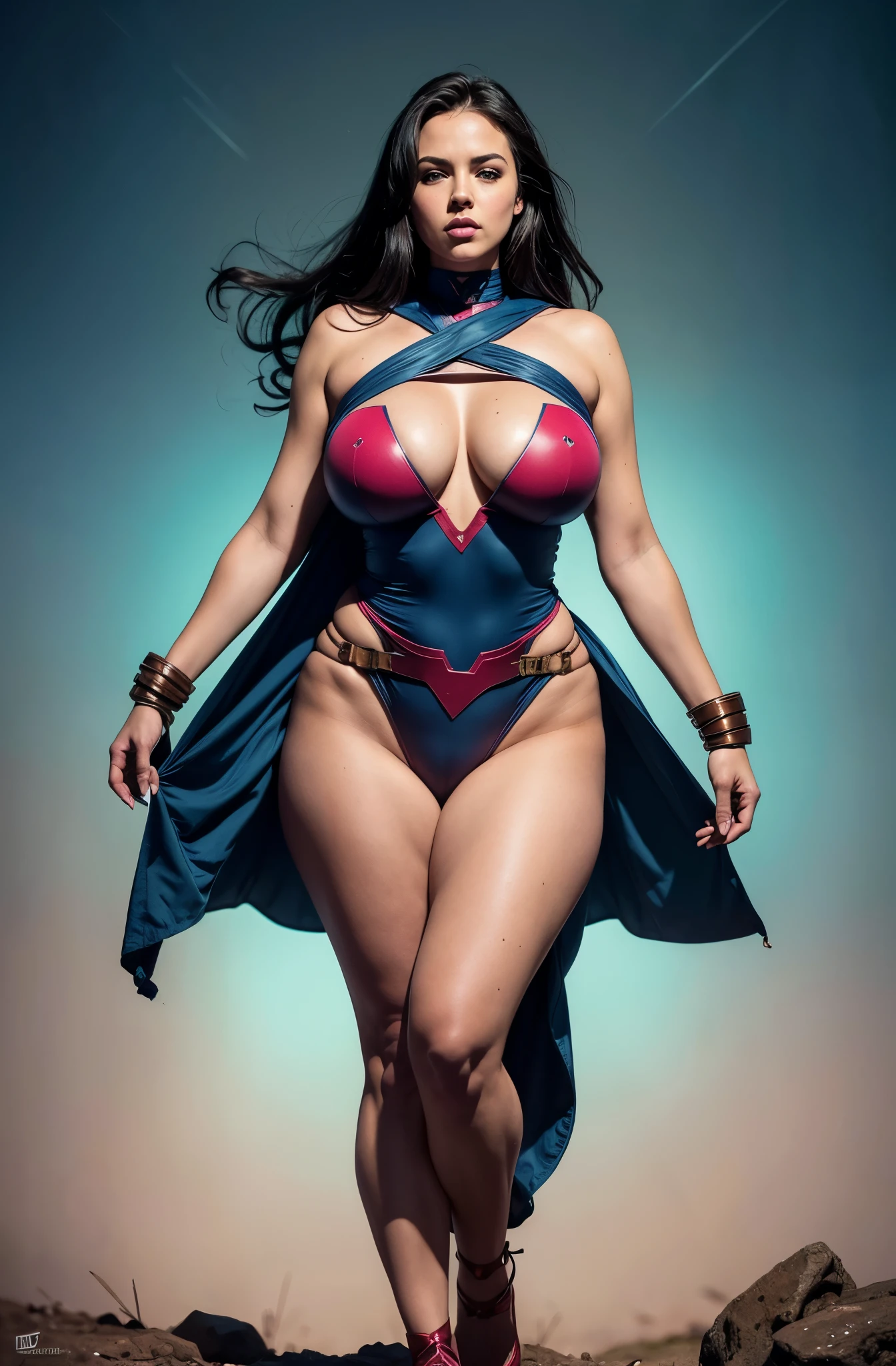 foto de uma superheroina, standing, (pink skin tone), staring overhead, eye contact, (mouth wide open: 1,0), chubby body, Waist slender, Female One, huge and round breasts, wearing blue and red strapless leotard, (dark haired:1.2 ), venat, beautiful face, fleshy lips, Slender Face, protruding cheekbones, brawny, No Mohrbacher artistic style, in style of peter mohrbacher. (Thick thighs:1.2), (full body:1.5), (body shot:1.5)