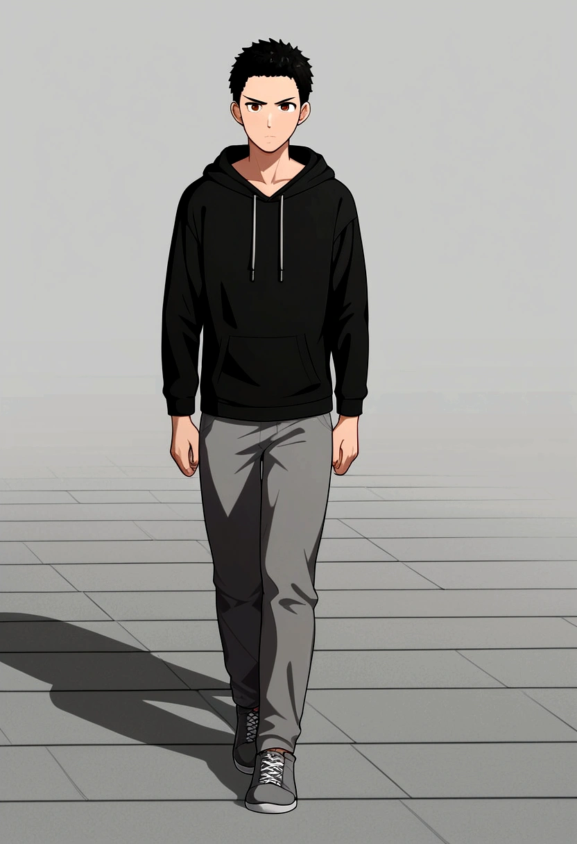 A pale teenager with some acne with very long messy black hair and some visible sideburns, dark brown eyes, a serious/slightly ill humored expression, some facial hair starting to grow, wearing a dark grey Zip-Up Hoodie, comfy dark grey pants, and simple grey shoes, with a dark green t-shirt underneath his hoodie, in anime style, walking a standard anime style street in a shadowed area of the sidewalk in broad daylight, in anime style, examples include 2d Anime styles, make very dramatic and detailed.