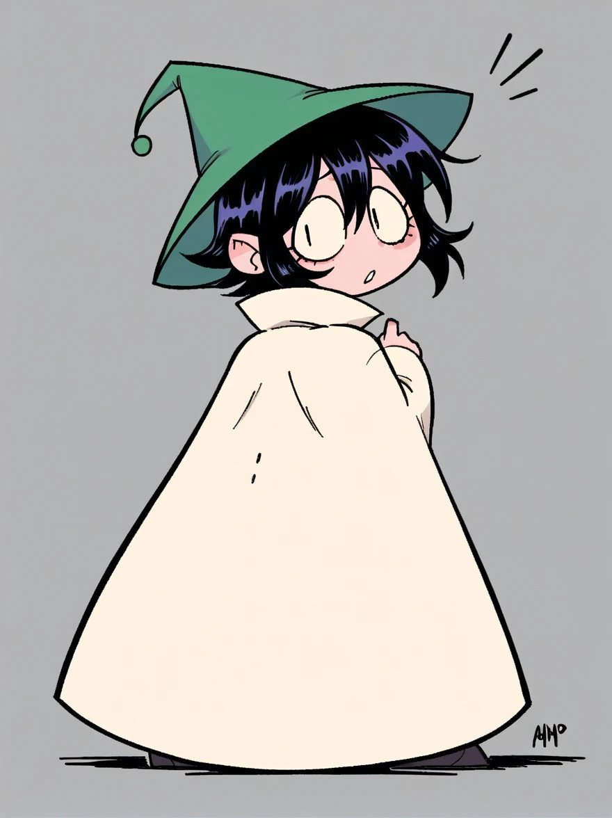 woman with long pointed green gnome hat, with short black hair and a white cloak, She has her back turned with her white cloak facing forward and looks back over her shoulders