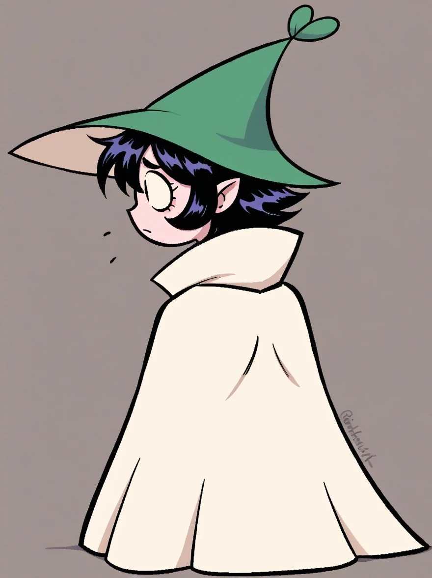 woman with long pointed green gnome hat, with short black hair and a white cloak, She has her back turned with her white cloak facing forward and looks back over her shoulders