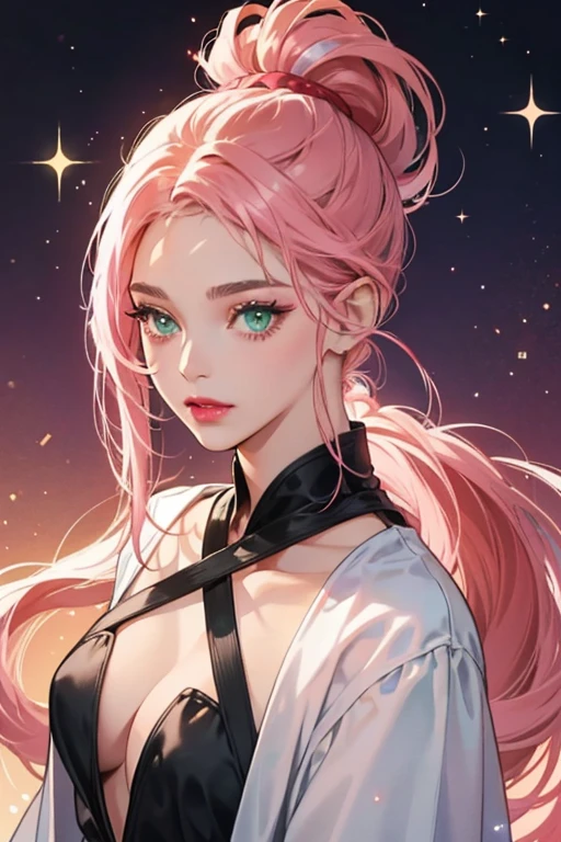 Liv has blue-green eyes and long straight dark hair that's dyed in pink streaks. Her hair is tied up in a ponytail. She has a fair skin tone and light red lips. SPARKLE; GLITTER