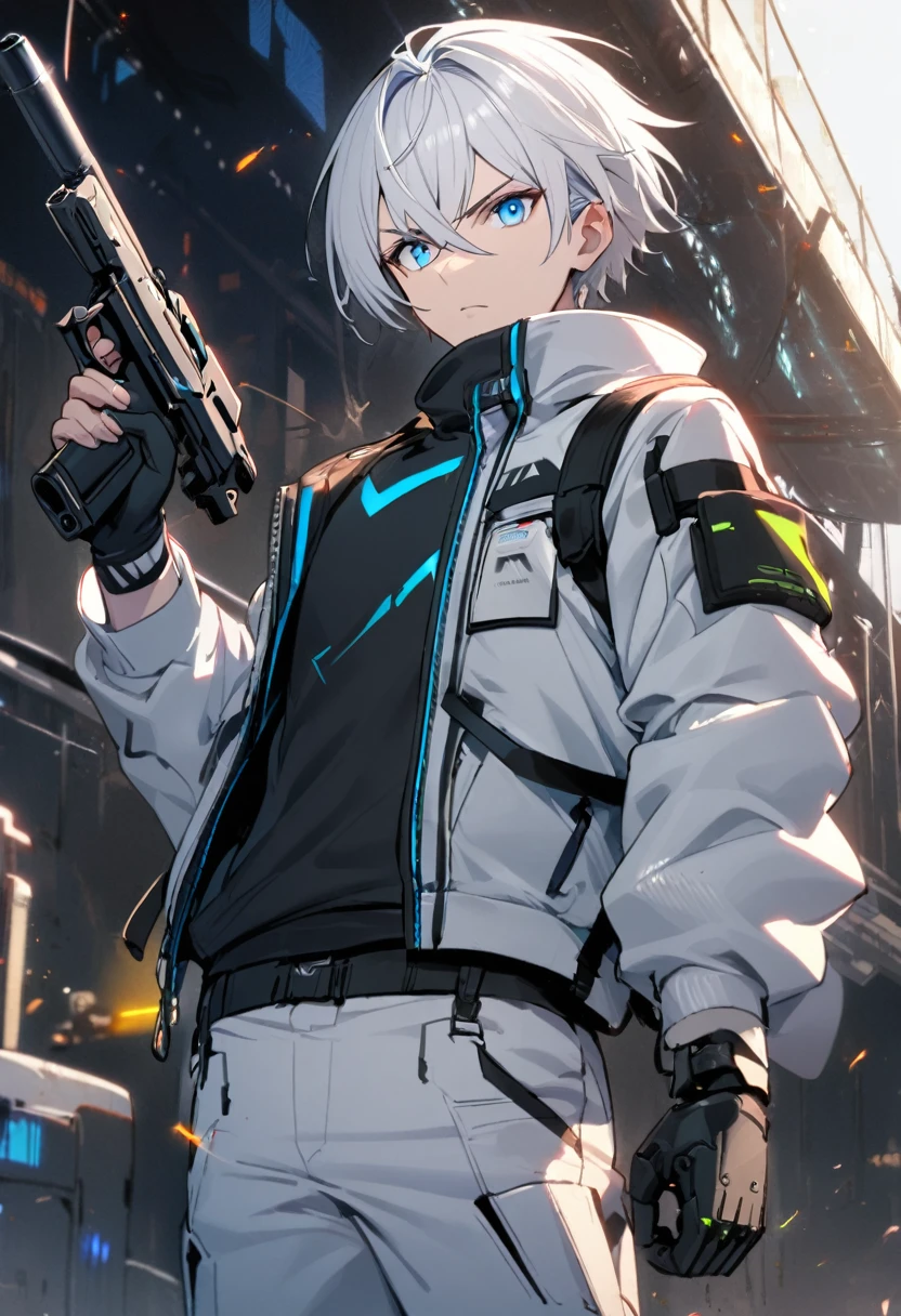 1man, white hair, 1mech arm, holding pistol, blue eyes, tech wear, jacket