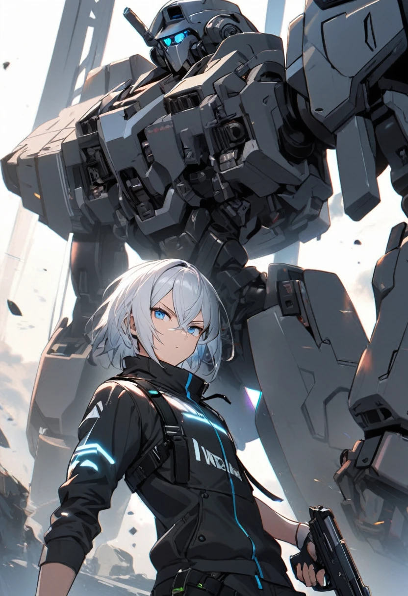 1man, white hair, 1mech arm, holding pistol, blue eyes, tech wear, jacket