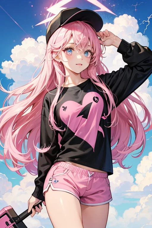 Liv wears a black shirt with various pink heart and bat designs, one of the hearts in the shirt is blue. She also wears pink shorts and a pink cap with a picture of a cloud with a lightning bolt. SPARKLE; GLITTER