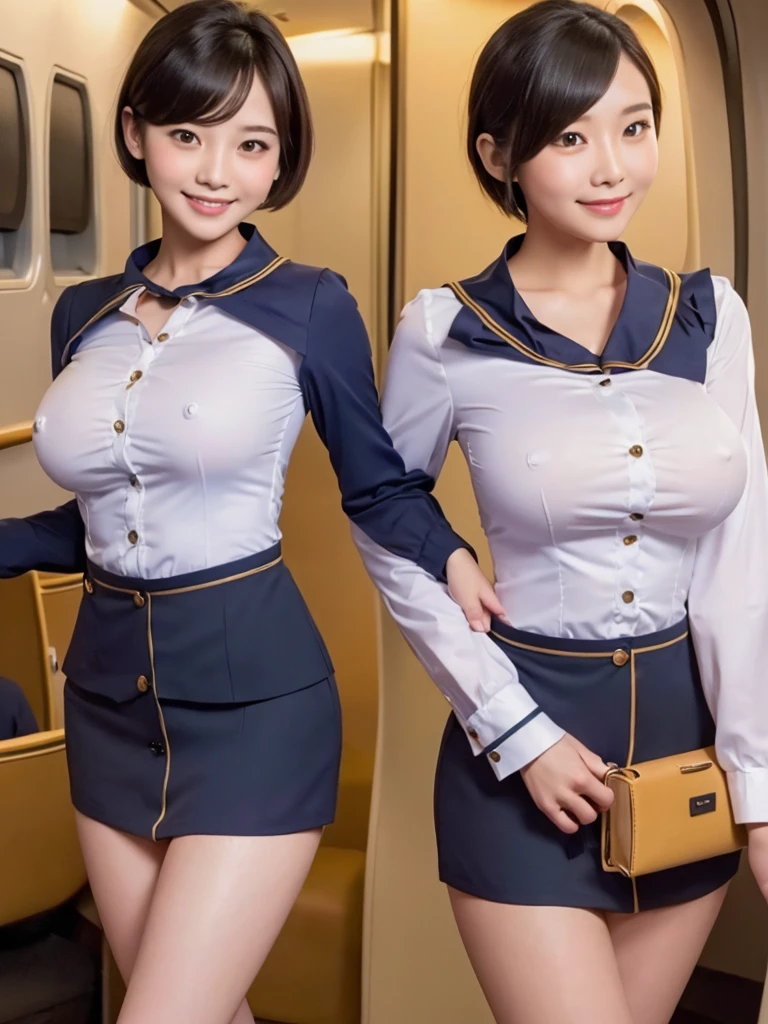 Highest quality、masterpiece、、Very detailed、Realistic、(Two Girls)、(Looking at me with a mischievous smile)、whole body、Small face、Narrow shoulders、(Big Breasts:1.2)、Thin and beautiful legs、Tight and slim waist、(Cabin attendant uniform with buttons and collar:1.2)、(Tight mini skirt:1.1)、Short Hair、(Erect nipples:1.1)