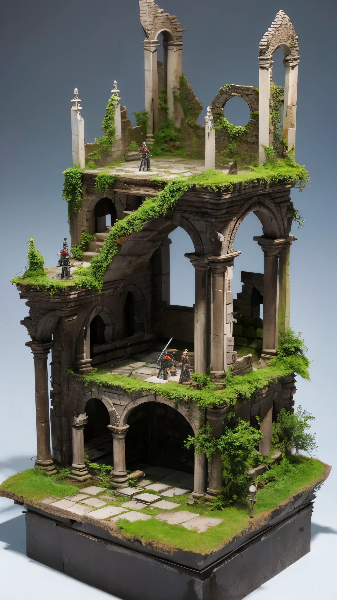 A diorama of a two-sworded knight and ruins