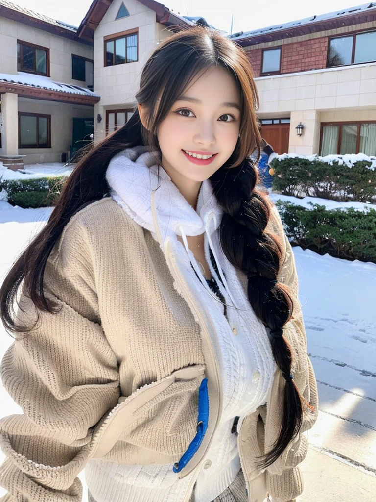(A photo of a super cute Korean schoolgirl wearing a down jacket:1.2)(grin,smile:1.1)(Beautiful Sweat:1.1)(16K, RAW Photos, Highest quality, masterpiece: 1.2),(A cute braid of shiny black hair) Super detailed, Super Resolution, (Genuine, Genuine photos: 1.37), Portraiture, High-resolution RAW color photos, Professional photos, Very detailed, 8k wallpaper, Very detailed CG Unity 8k wallpaper, Very detailed beautiful girls, Very detailed faces, ((whole body)), beautiful woman, Huge breasts,(huge boobs:1.1) (Big Boobs:1.1), beautiful  (Wear a down jacket),high school girl, Korean Girls,(K-POP Female Idols), (Idol-class beauty)(Beautiful high school girl:1.1)(Large icicles in front of a house in heavy snow)(17 years old)(North Face down jacket over a tight sweatshirt:1.1)Wearing a fluffy scarf and hand-knitted gloves