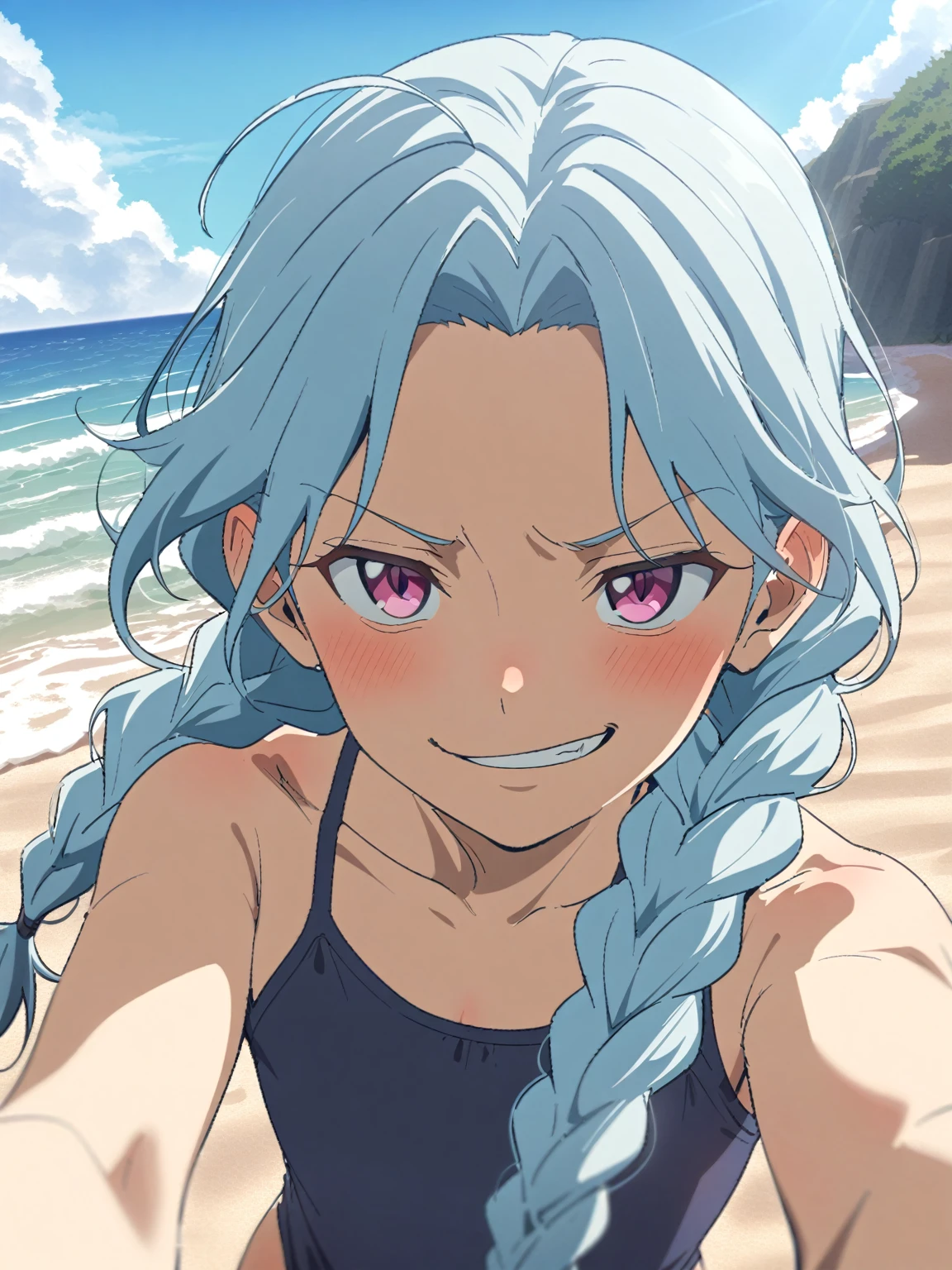 {{upper body, dutch angle}} {{Artist: sincos}} 1boy, mature male, light blue hair, long hair, braided hair, pink eyes, eyes half-lidded, androgynous, navy blue swimsuit, outdoors, beach, standing, smirk, pov