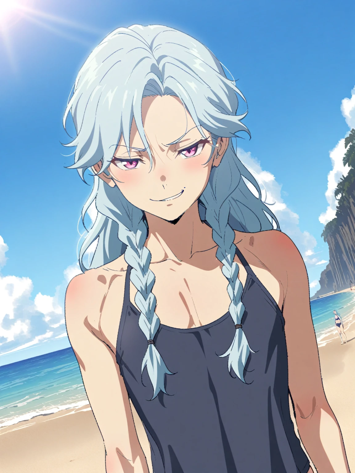 {{upper body, dutch angle}} {{Artist: sincos}} 1boy, mature male, light blue hair, long hair, braided hair, pink eyes, eyes half-lidded, androgynous, navy blue swimsuit, outdoors, beach, standing, smirk, pov