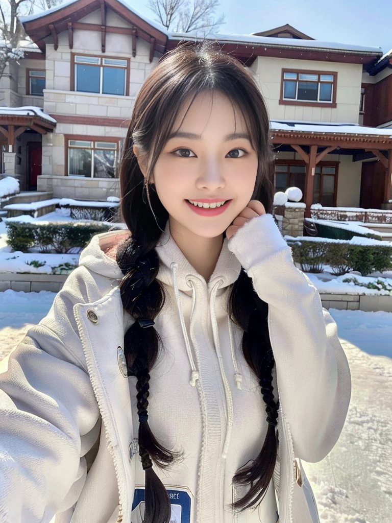 (A photo of a super cute Korean schoolgirl wearing a down jacket:1.2)(grin,smile:1.1)(Beautiful Sweat:1.1)(16K, RAW Photos, Highest quality, masterpiece: 1.2),(A cute braid of shiny black hair) Super detailed, Super Resolution, (Genuine, Genuine photos: 1.37), Portraiture, High-resolution RAW color photos, Professional photos, Very detailed, 8k wallpaper, Very detailed CG Unity 8k wallpaper, Very detailed beautiful girls, Very detailed faces, ((whole body)), beautiful woman, Huge breasts,(huge boobs:1.1) (Big Boobs:1.1), beautiful  (Wear a down jacket),high school girl, Korean Girls,(K-POP Female Idols), (Idol-class beauty)(Beautiful high school girl:1.1)(Large icicles in front of a house in heavy snow)(17 years old)(North Face down jacket over a tight sweatshirt:1.1)Wearing a fluffy scarf and hand-knitted gloves