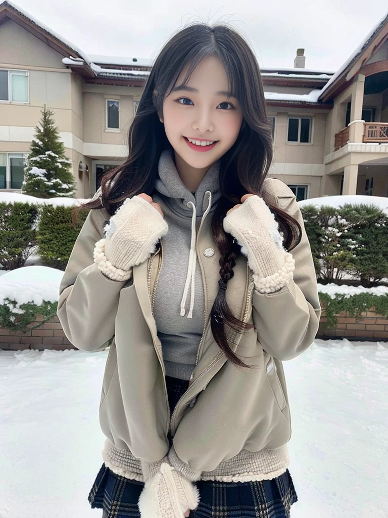 (A photo of a super cute Korean schoolgirl wearing a down jacket:1.2)(grin,smile:1.1)(Beautiful Sweat:1.1)(16K, RAW Photos, Highest quality, masterpiece: 1.2),(A cute braid of shiny black hair) Super detailed, Super Resolution, (Genuine, Genuine photos: 1.37), Portraiture, High-resolution RAW color photos, Professional photos, Very detailed, 8k wallpaper, Very detailed CG Unity 8k wallpaper, Very detailed beautiful girls, Very detailed faces, ((whole body)), beautiful woman, Huge breasts,(huge boobs:1.1) (Big Boobs:1.1), beautiful  (Wear a down jacket),high school girl, Korean Girls,(K-POP Female Idols), (Idol-class beauty)(Beautiful high school girl:1.1)(Large icicles in front of a house in heavy snow)(17 years old)(North Face down jacket over a tight sweatshirt:1.1)Wearing a fluffy scarf and hand-knitted gloves