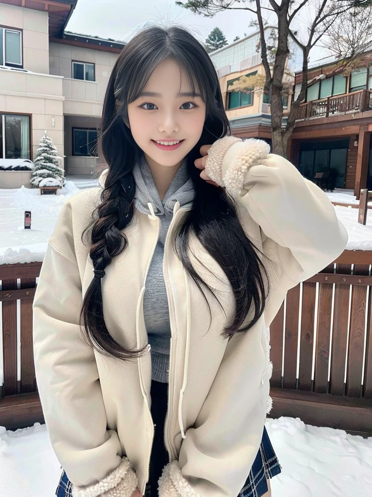 (A photo of a super cute Korean schoolgirl wearing a down jacket:1.2)(grin,smile:1.1)(Beautiful Sweat:1.1)(16K, RAW Photos, Highest quality, masterpiece: 1.2),(A cute braid of shiny black hair) Super detailed, Super Resolution, (Genuine, Genuine photos: 1.37), Portraiture, High-resolution RAW color photos, Professional photos, Very detailed, 8k wallpaper, Very detailed CG Unity 8k wallpaper, Very detailed beautiful girls, Very detailed faces, ((whole body)), beautiful woman, Huge breasts,(huge boobs:1.1) (Big Boobs:1.1), beautiful  (Wear a down jacket),high school girl, Korean Girls,(K-POP Female Idols), (Idol-class beauty)(Beautiful high school girl:1.1)(Large icicles in front of a house in heavy snow)()(North Face down jacket over a tight sweatshirt:1.1)Wearing a fluffy scarf and hand-knitted gloves