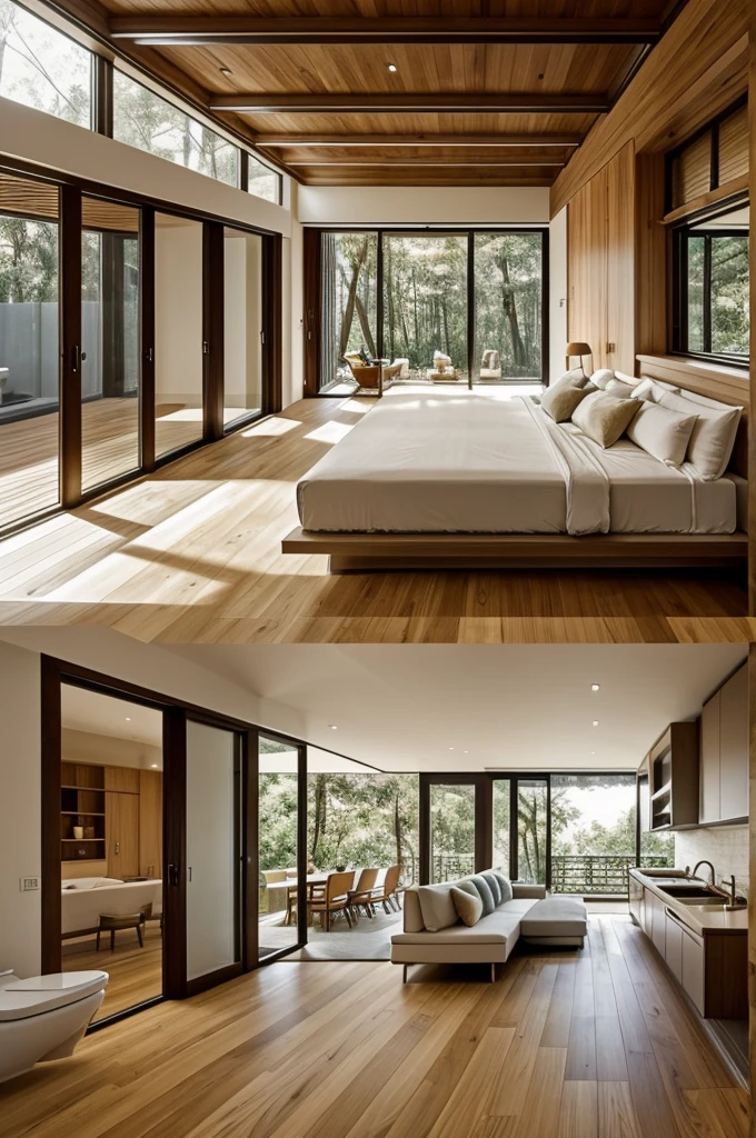 Generates the interior owner of a house, Inspired by a magical forest but with a modern design and light colors predominating. The spaces in the house must include : una habitación principal con bathroom y closet propio, work study and reading, guest rooms, bathroom, PATIO, large kitchen, basement, Pool, dining room and living or entertainment room.