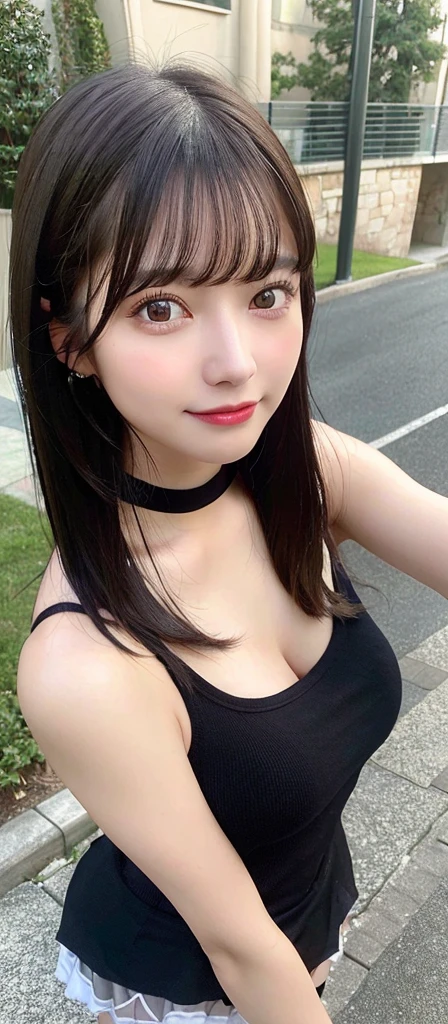 (realistic, high resolution:1.3), (face close up), 1 girl with perfect figure, super fine face and eyes, black hair,medium hair, tank top: 1.2 in random colors, short、skirt, bridge, big breasts, cleavage, choker, smile、selfie
