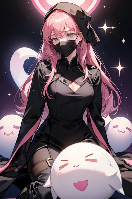 Myst dons a a black and pink jumpsuit with a full cover mask, gloves, and knee-high boots. On her chest is the Ghostforce emblem, a white ghost in a teardrop shape. SPARKLE; GLITTER
