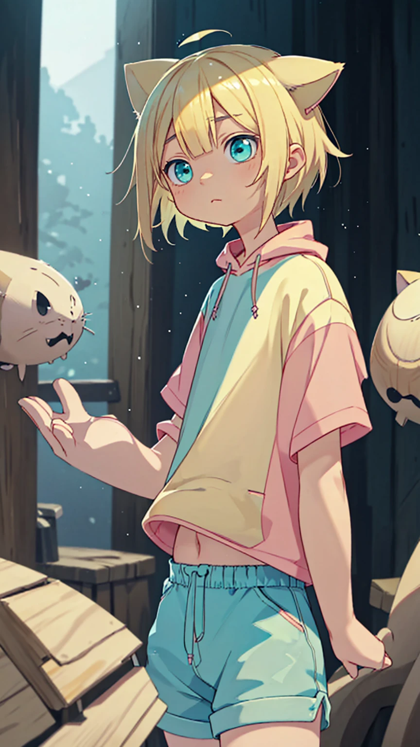 Plain pink short sleeve hoodie。Turquoise Eyes、8-year-old girl, (Eye color is turquoise), SFW,
Blonde Hair、Short Hair、Cat ear、(Blonde :1.5),
White skin, Wooden village, (Flat Chest), Denim shorts,
outside, bright,, Plain pink short sleeve hoodie,I tried drawing a belly button in the style of Made in Abyss,
Soft lighting and detailed environments、Create immersive environments that inspire your imagination、Delivering high quality visuals, Dim lighting, Sharply focused, Octane Rendering, 8K Ultra HD