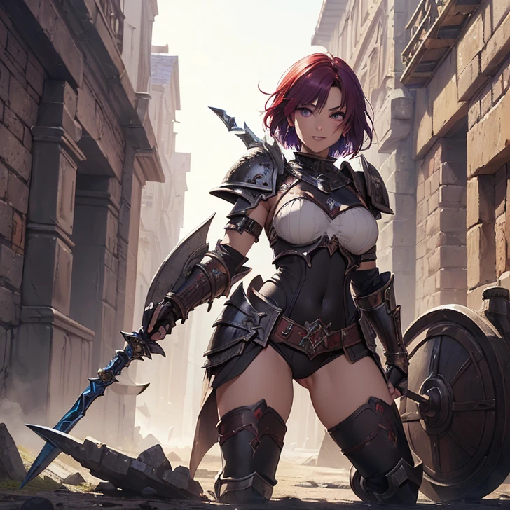 (masterpiece, top quality, best quality, highly detailed:1.2), colorful, 1girl, solo, photo of a sexy warrior woman standing and peeing on the ground, peeing self, having an accident, pee running down legs, desert, sunset, outdoor, standing, ((pee stream)), (pee puddle), pee stain, panties, red armored skirt, wet skirt, peeing, wet stockings, pantyhose, blush, trembling, embarrassed, muscles, red hair, blue eyes, black armored boots, sleeveless red fur jacket, black armored bra