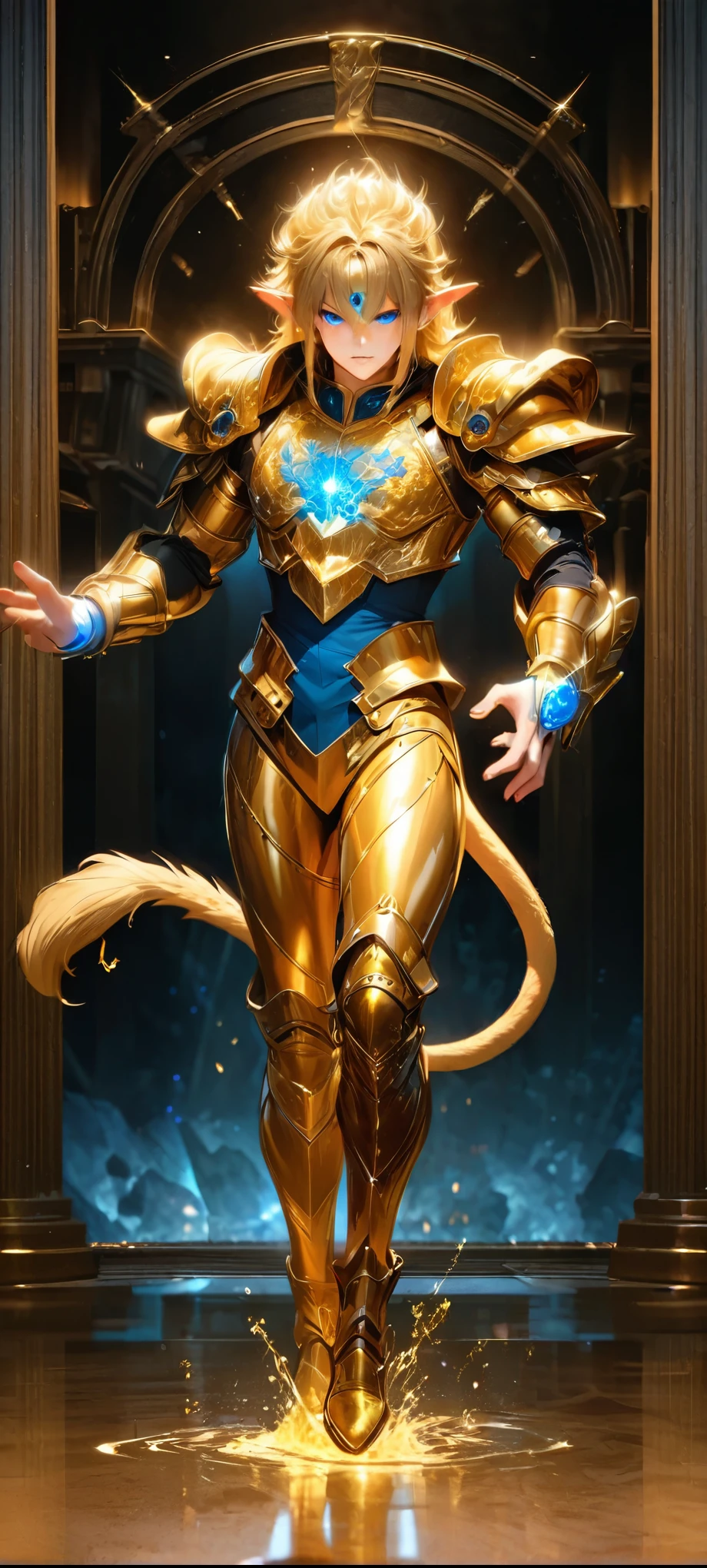High quality, ultra realistic,absurdres, highres, ultra detailed, HDR, masterpiece, extremely detailed face and eyes, Sagitarius Seiya, Saint Saiya , Golden Armor, solo, ,man, handsome, ,white eyeleshes, blue eyes , , Golden splashing effect, Golden lightning effect,glowing glitters ,full body view, symetrical, pointy ears, lion tail,