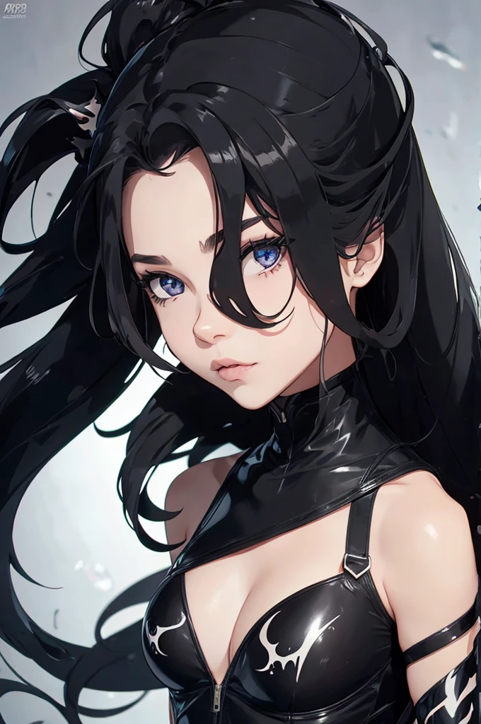 A very cute goth anime girl with black hair and bangs, wearing rings on her fingers, pale skin, sharp eyes, dark makeup, she has long acrylic nails that have been painted silver, intricate rings on fingers, wearing an all-black outfit, She exudes sophistication and cool. in the style of hyper realistic. fasion style, mysterious smile, --ar 3:4 --niji 6 --style raw --s 1000