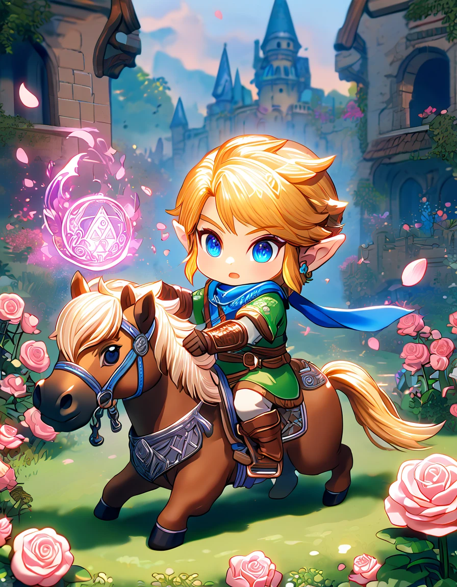 absurdres, highres, ultra detailed, HDR, master piece, best quality, extremely detailed, Link chibi, blonde hair, expressive blue eyes, The Legend Of Zelda Hyrule Warriors, boy ridding a brown horse, cute, small, blue scarf, green tunic, magical, fantasy, magic, castle, garden, pink roses, pink petals, pillars