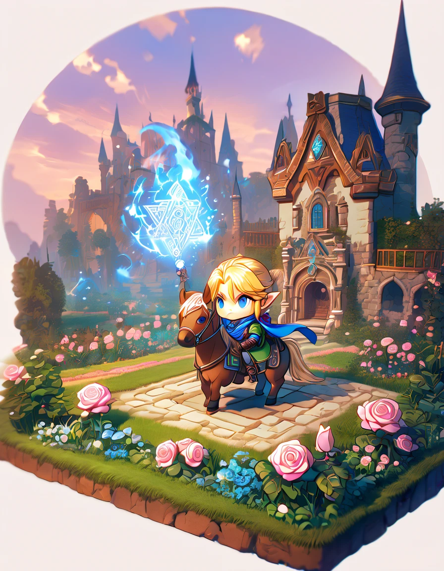 absurdres, highres, ultra detailed, HDR, master piece, best quality, extremely detailed, Link chibi, blonde hair, expressive blue eyes, The Legend Of Zelda Hyrule Warriors, boy ridding a brown horse, cute, small, blue scarf, green tunic, magical, fantasy, magic, castle, garden, pink roses, pink petals, pillars