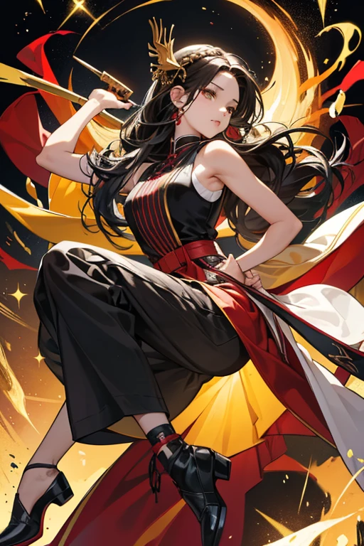 Lóng had shoulder-length dark hair and a light skin tone, as well as a mask. There was a decorative stripe on the head, which folds into corners with black and yellow ends.
Lóng was wearing a sleeveless red blouse and loose knee-length trousers of the same color. The hips were braided with a yellow piece of cloth and a black belt. The calf was braided with a black ribbon that was tied at ankle level, leaving the ends hanging loose. The woman's shoes were black with a red fabric stripe and yellow ornaments on the front. Her forearms were decorated with black shields. SPARKLE; GLITTER