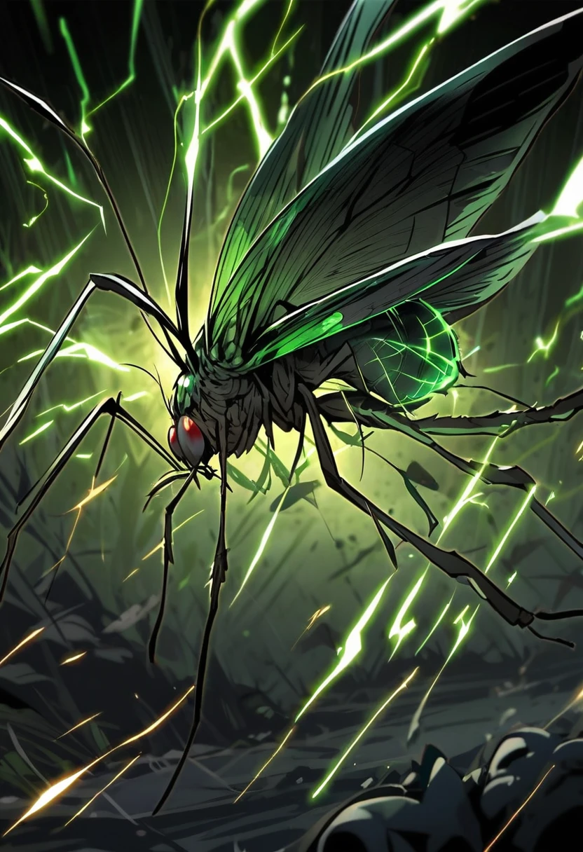 black, mosquito, sharp features, green electricity