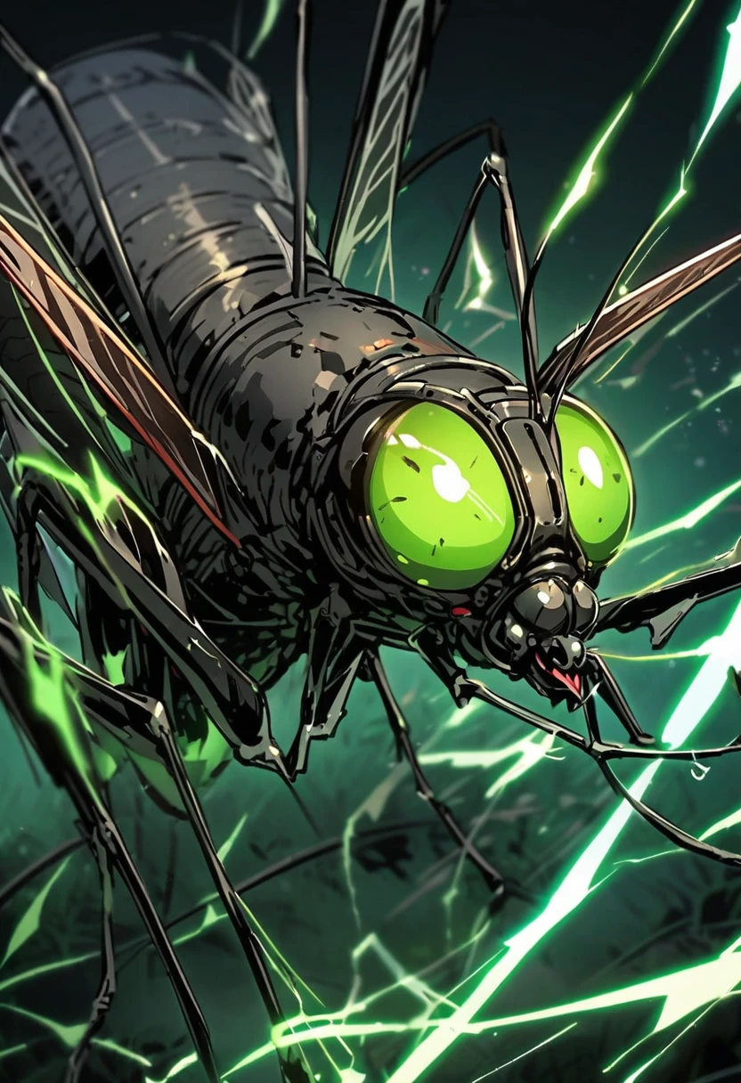 black, mosquito, sharp features, green electricity