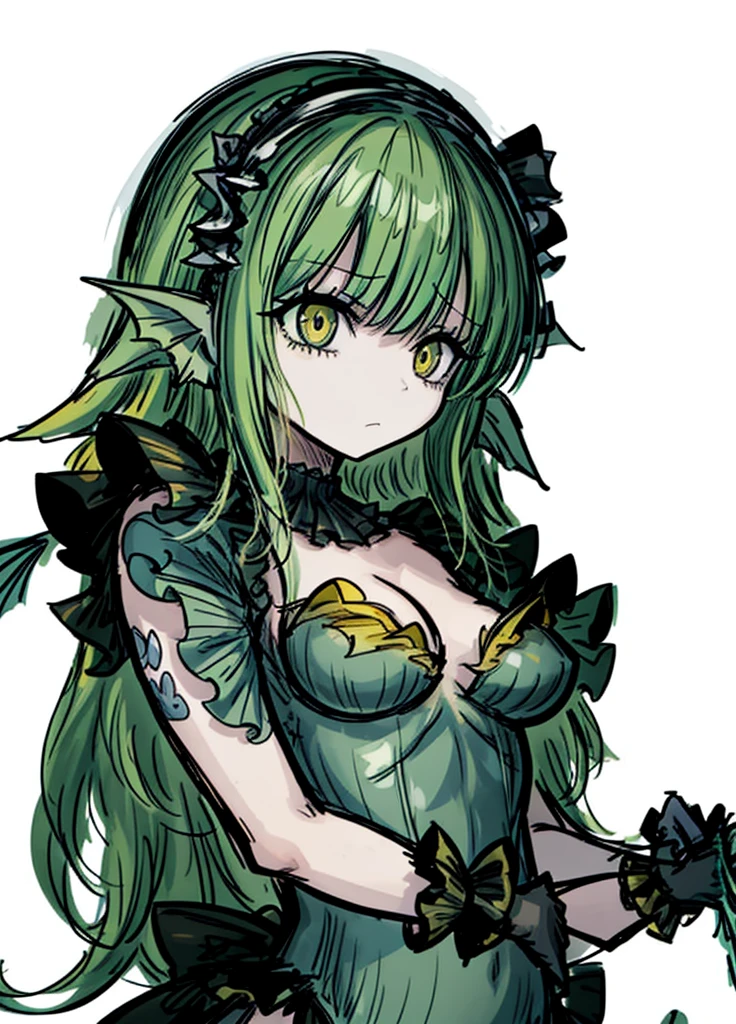 1girl ,mustard yellow hair,mermaid, full of gills, (mermaid tail), mermaid scales, mermaid ears, mermaid accessories , (masterpiece, best quality), full body,  alone, medium breasts, sad
