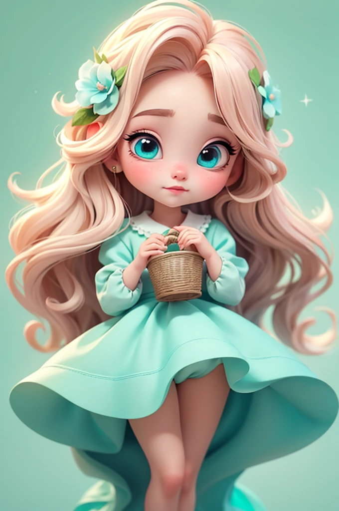 imagem de alta qualidade de uma boneca chibi Ariana Grande: boneca chibi ,illustration,detalhes delicados,Pose encantadora,lovely expression,cores suaves,roupa bonita,cabelos intrincados,beautiful eyes and lips,melhor qualidade,ultra-detalhado,fotorrealista,vivid colors, solid background, profesional lighting, girly accessories, espressiva, headband flowers, blue eyes, ombre hair, long hair, basket of flowers in hands, lovely pose, black eyes, wearing a fairy outfit pastel colors glitter, mint green, pink, and soft purple, exuberant, perfect, centered in the photo with a white background, nitid, fairy vibes, standing, pink flat shoes, vibrant, white background, blonde hair, blonde hair, hair blonde
