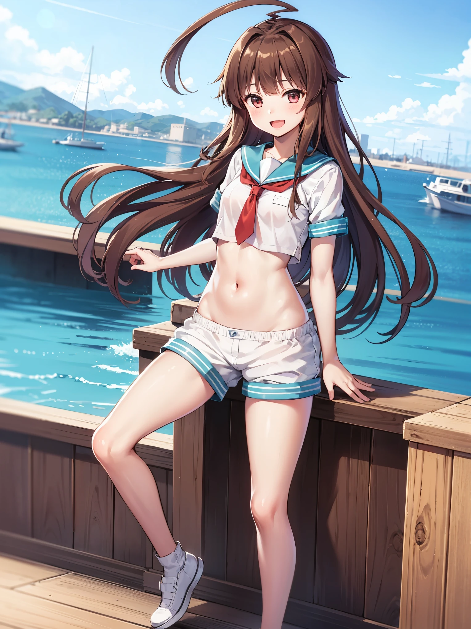 1young__ girl,  brown_hair, long_hair, sailor_uniform,white_ baggy_shorts, short_sleeve, thighs, small_breasts, big_smile, open_mouth, standing, harbor_background, slightly_spread_legs, happiness, covered_crotch,ahoge,XD,exciting,