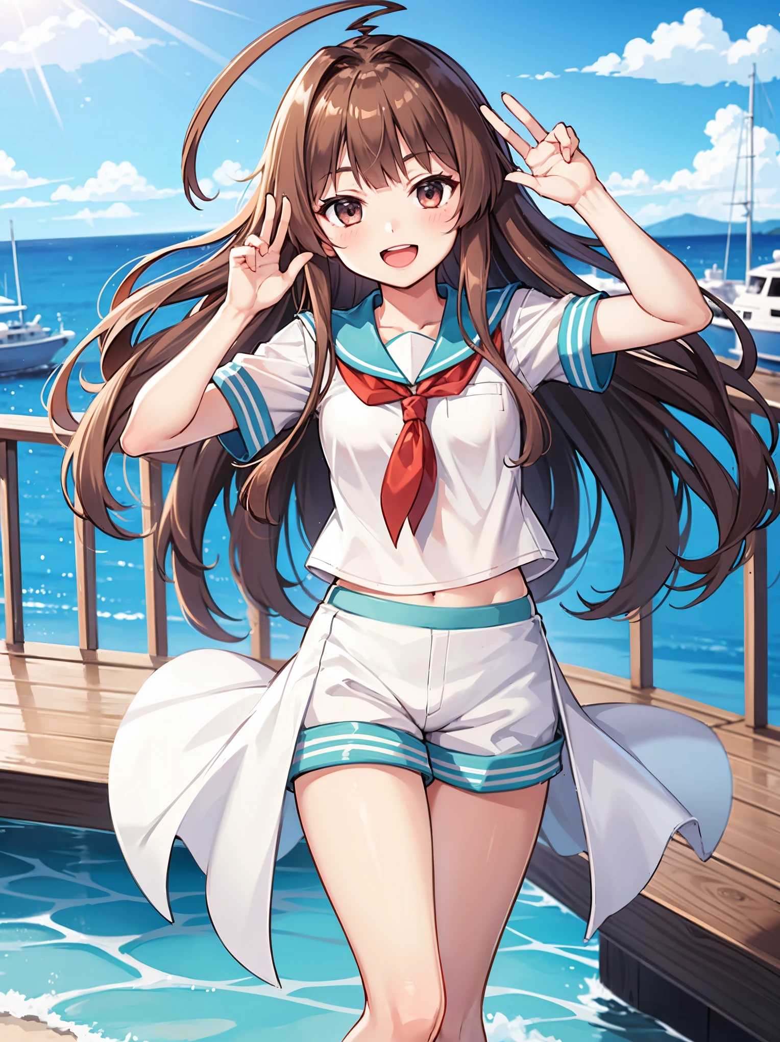 1young_teen_ girl,  brown_hair, long_hair, sailor_uniform,white_ baggy_shorts, short_sleeve, thighs, small_breasts, big_smile, open_mouth, standing, harbor_background, slightly_spread_legs, happiness, covered_crotch,ahoge,XD,exciting,