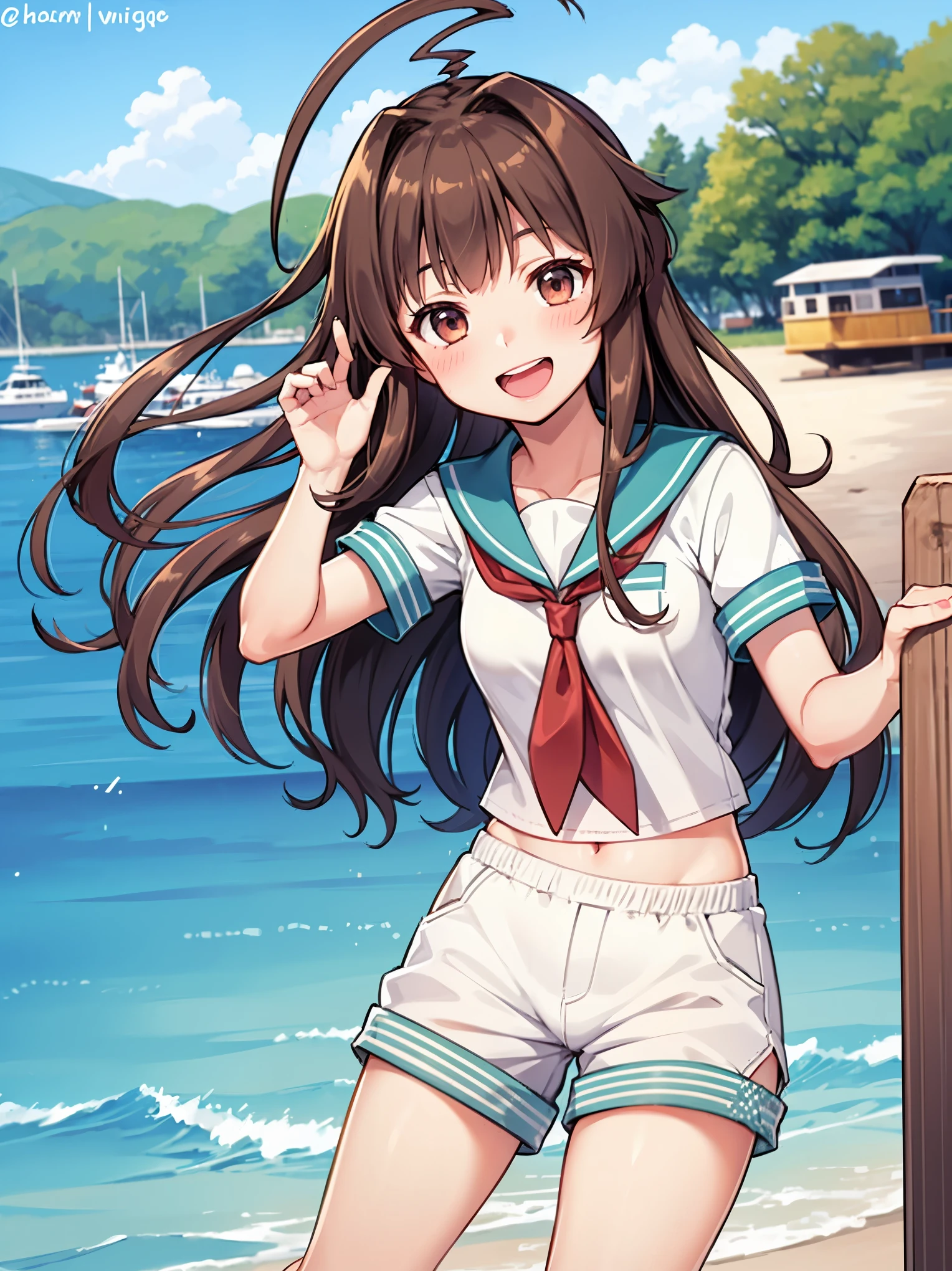 1young__ girl,  brown_hair, long_hair, sailor_uniform,white_ baggy_shorts, short_sleeve, thighs, small_breasts, big_smile, open_mouth, fang, harbor_landscape_background, slightly_spread_legs, happiness, covered_crotch,ahoge,XD,exciting_posing,closed_eyes