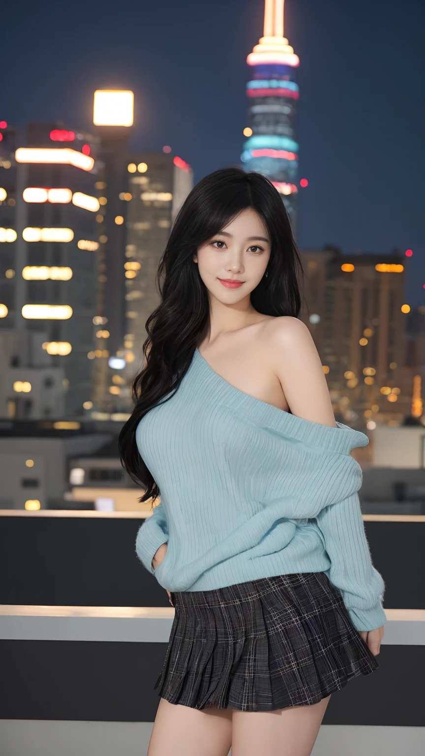 , Long winded [Blue-black:.3] hair,View your viewers, (masterpiece:1.3), (8K, Realistic, RAW Photos, Highest quality: 1.4), Japanese, (One girl), Beautiful Face, (Realistic Face), (black hair, medium hair:1.3), beautiful hairstyle, Realistic eyes, Beautiful attention to detail, (Realistic Skin), Beautiful Skin, Charm, Ultra-high resolution, Ultra-realistic, Very detailed, Golden Ratio, A fluffy blue sweater and a black plaid skirt, long sleeve one shoulder sweater, Are standing, Front view, Open Stance, Model pose, Upper Body, Saggy breasts, Smile, Rooftop at night, City view, Super detailed, Hyper Sharp, Sharp focus, K-Pop Idols, J-Pop Idol, Big Breasts, Large breasts, Saggy breasts,