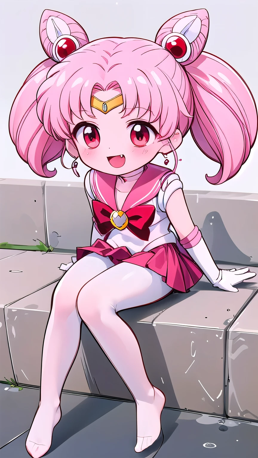 high quality，Sailor Moon，young年，Seven years old，cute，Metal hairpins，（little girl），（Little Loli），Pink Hair，short hair，（Red hairpin），（Double tail），Sailor Suit，Red bow，White elbow gloves，Red Skirt，(White pantyhose:1.5)，(young)，(Small)，（Short legs）（No shoes），Smile，Open your mouth，Fangs，sit，（Soles of the feet:2.0），（Raise your legs high），（Thick white tights:1.5）（Close-up of the soles of the feet:1.5）