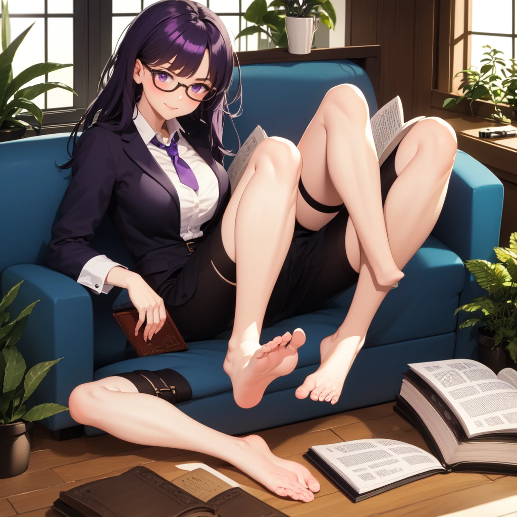 1girl, solo, long hair, breasts, looking at viewer, blush, smile, bangs, large breasts, shirt, long sleeves, holding, cleavage, sitting, closed mouth, purple eyes, jacket, full body, white shirt, purple hair, thighs, necktie, shorts, barefoot, collared shirt, indoors, feet, legs, book, bare legs, window, thigh strap, toes, soles, sunglasses, plant, couch, eyewear on head, holding book