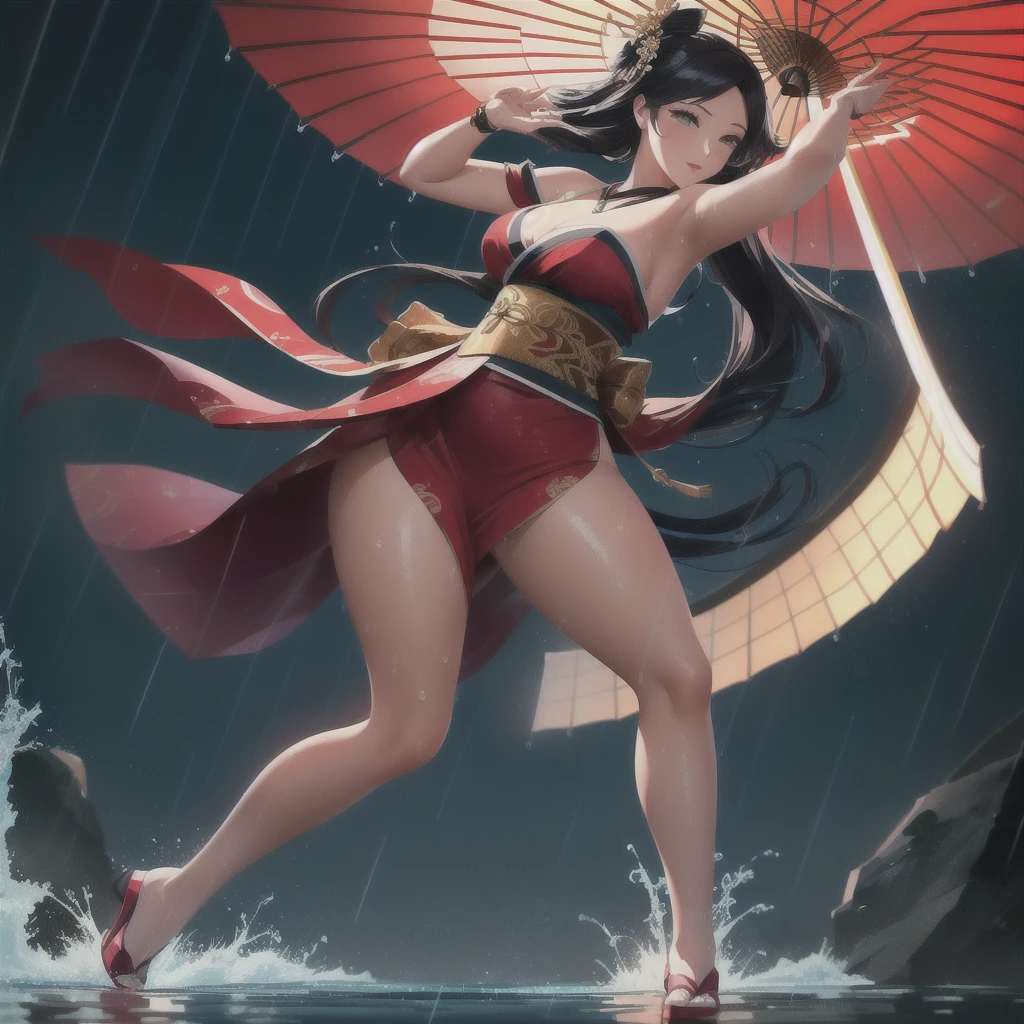 curvy woman, rain, arabesque, detailed face, detailed body, detailed clothes, reflections, wet, water, african geisha, dynamic extreme foreshortening perspective moving pose