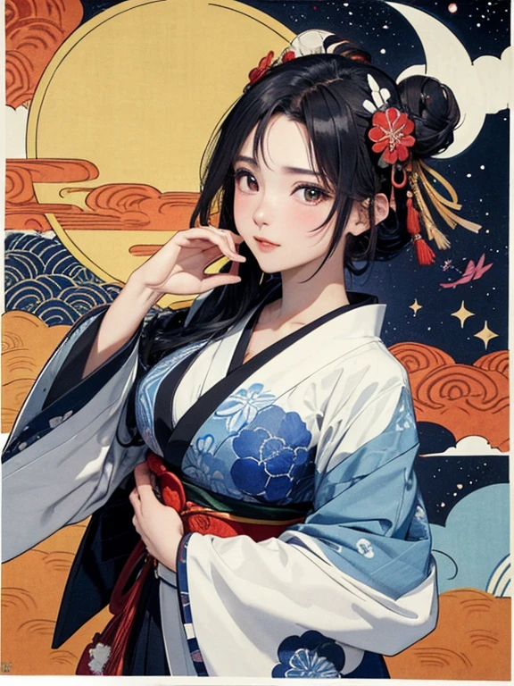 (masterpiece, Highest quality,High resolution, Official Art), (One girl), (Fractal Art:1.1),Bright and vivid color patterns in Japanese clothing、Black hair in a round bun,Traditional Japanese patterned fabric, (Dynamic pose),(Shiny skin), (Many colors:1.4), ( Ukiyo-e background,moon,flower,cloud )